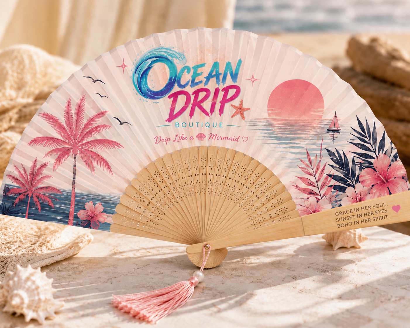 Ocean Drip Pink Paradise Folding Fan