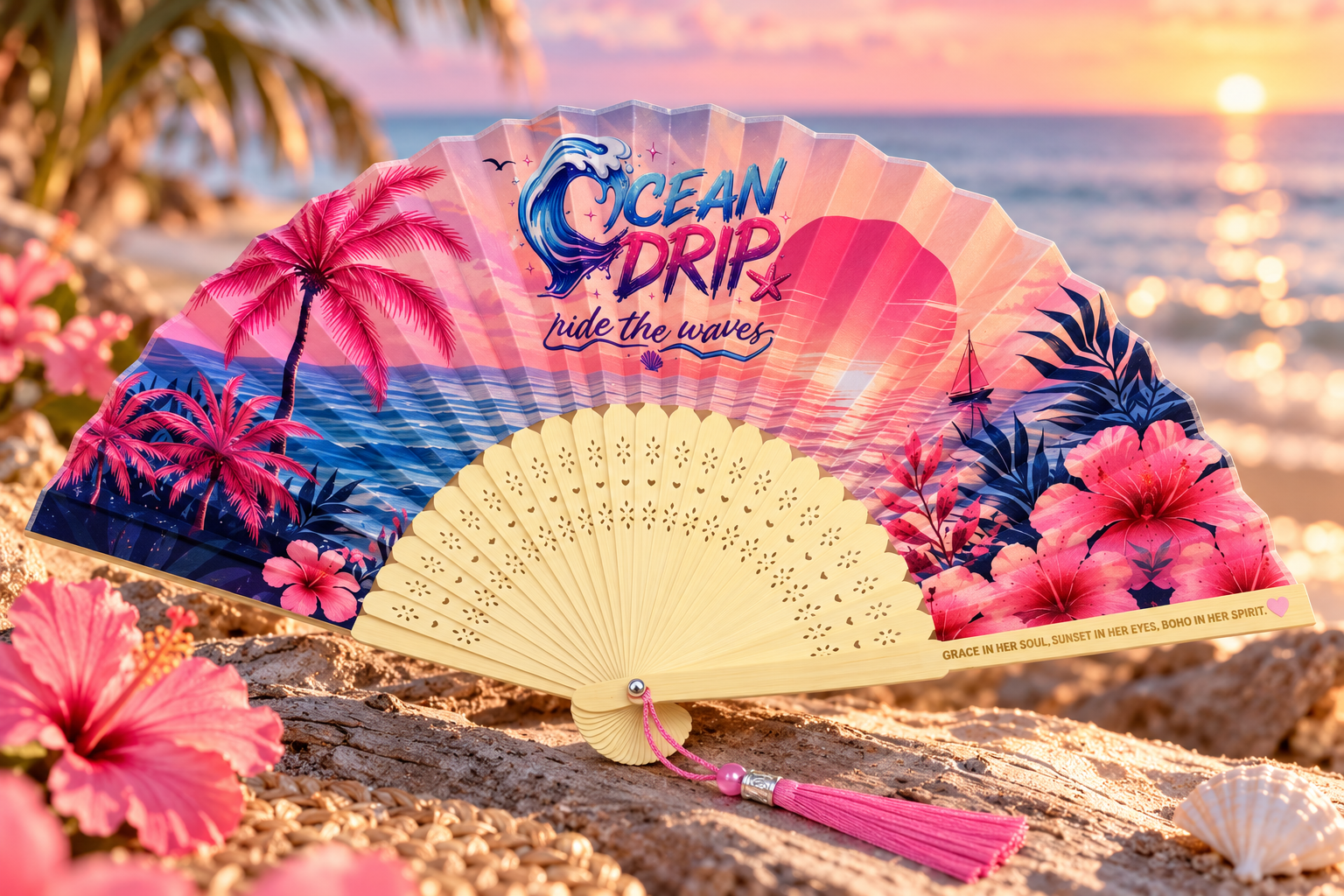 Ocean Drip Pink Paradise Folding Fan